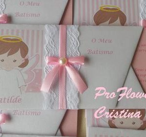 Convite Batismo Anjo e renda - Com impressão e capa personalizada