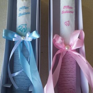 Vela Batismo com cordão rosa, azul ou creme 30cm